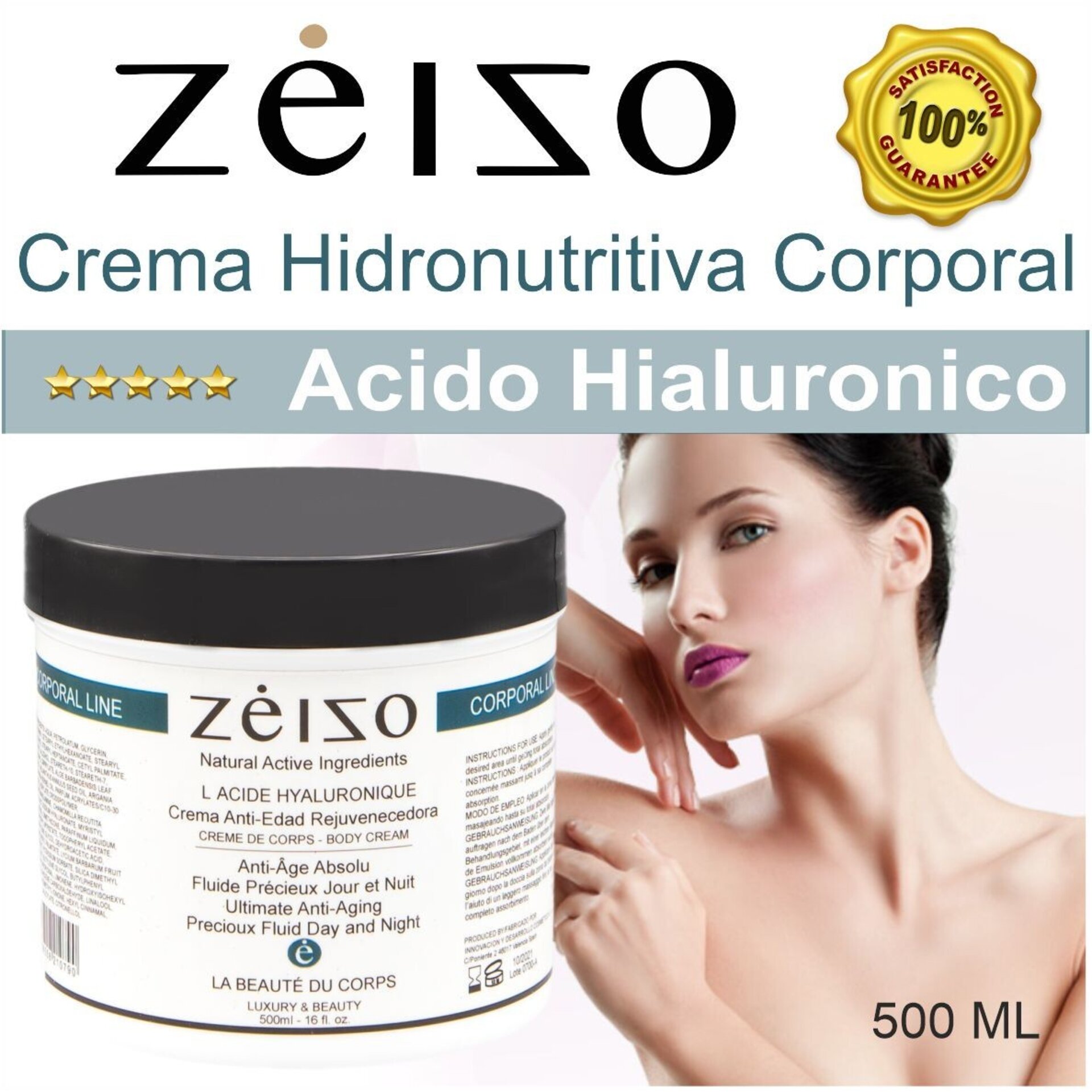 Crema Corporal Hidro nutritiva Anti-edad con Acido Hyaluronico 500ml - Zeizo - 3