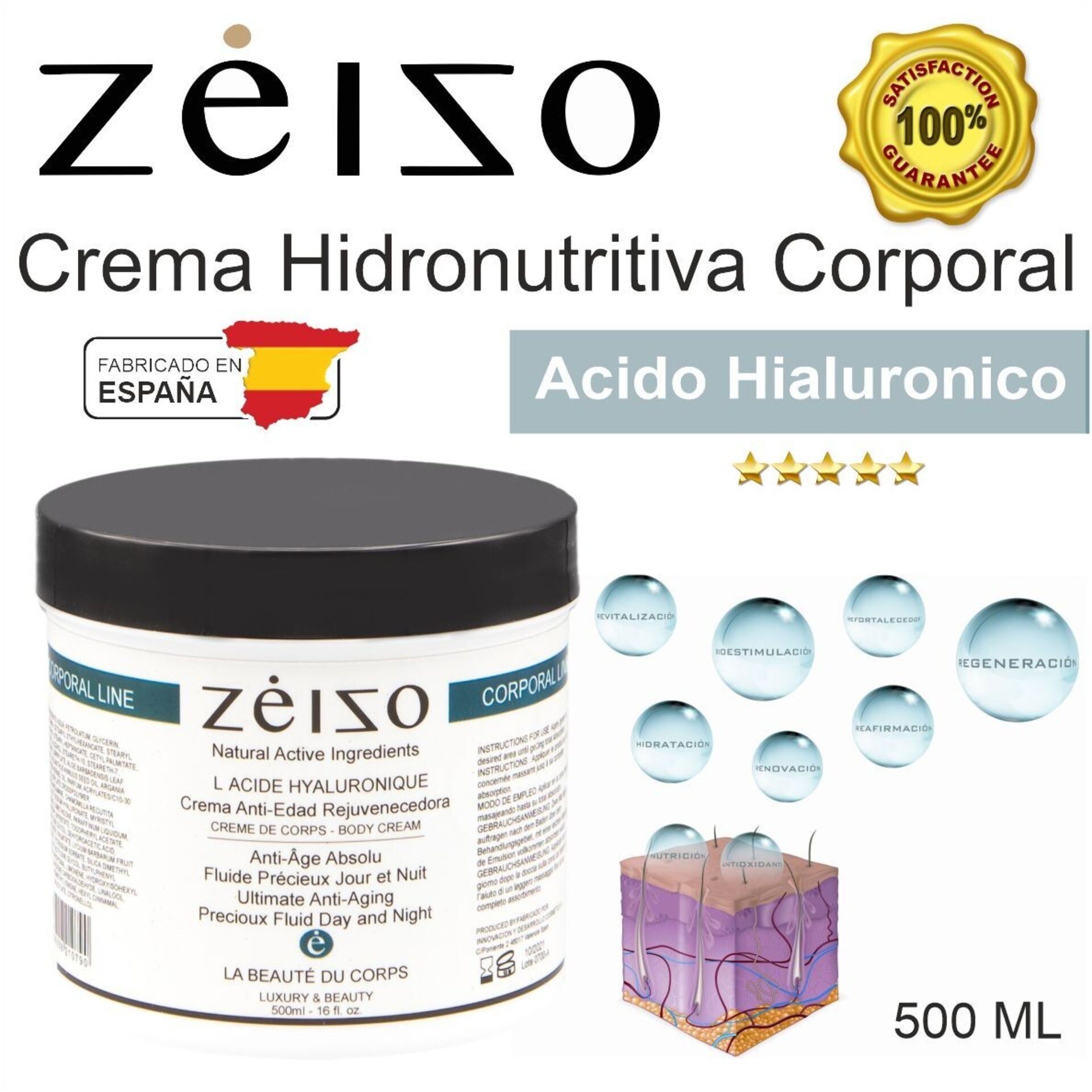 Crema Corporal Hidro nutritiva Anti-edad con Acido Hyaluronico 500ml - Zeizo - 2
